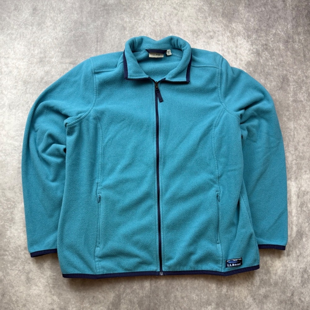 LL Bean Fleece Jacket Womens Large Teal Blue Full Zip Mock Neck Mountain Logo